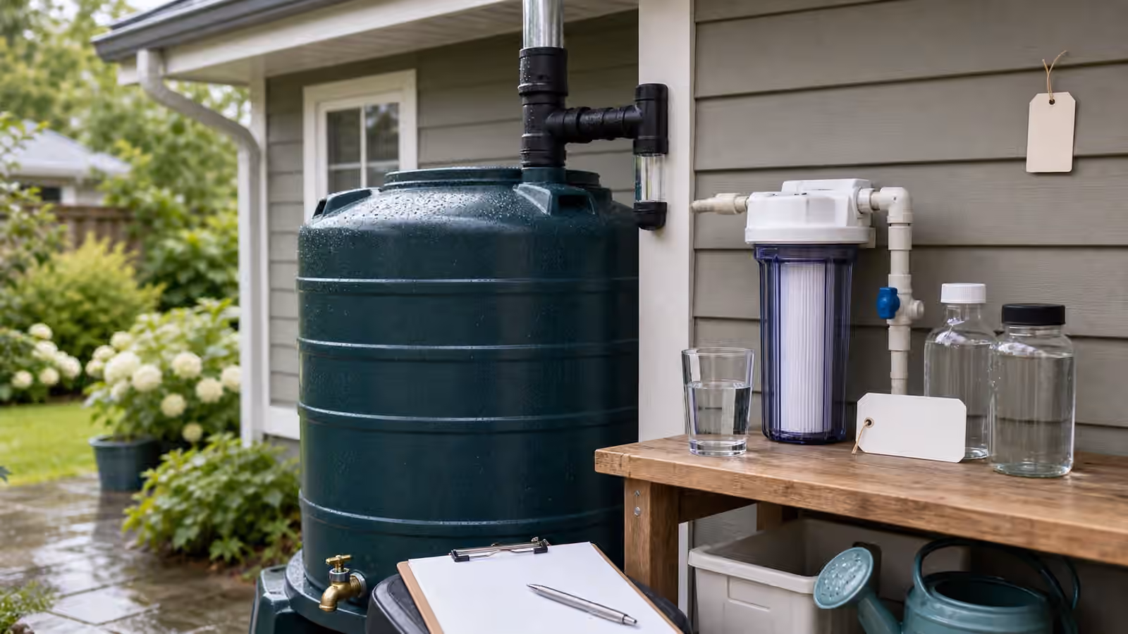 A rainwater cistern, downspout diverter, sediment filter housing, sample bottles, blank tags, clipboard, and glass of water outside a home.