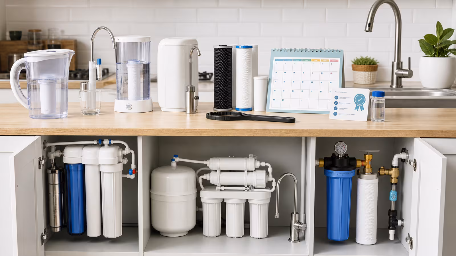 Countertop and faucet water filters, cartridges, and small renter-friendly water containers arranged in a bright kitchen.