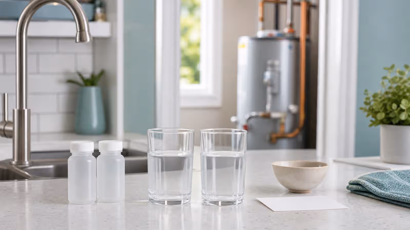 Two glasses of water, sample bottles, a faucet, and a water heater in a clean kitchen utility scene.