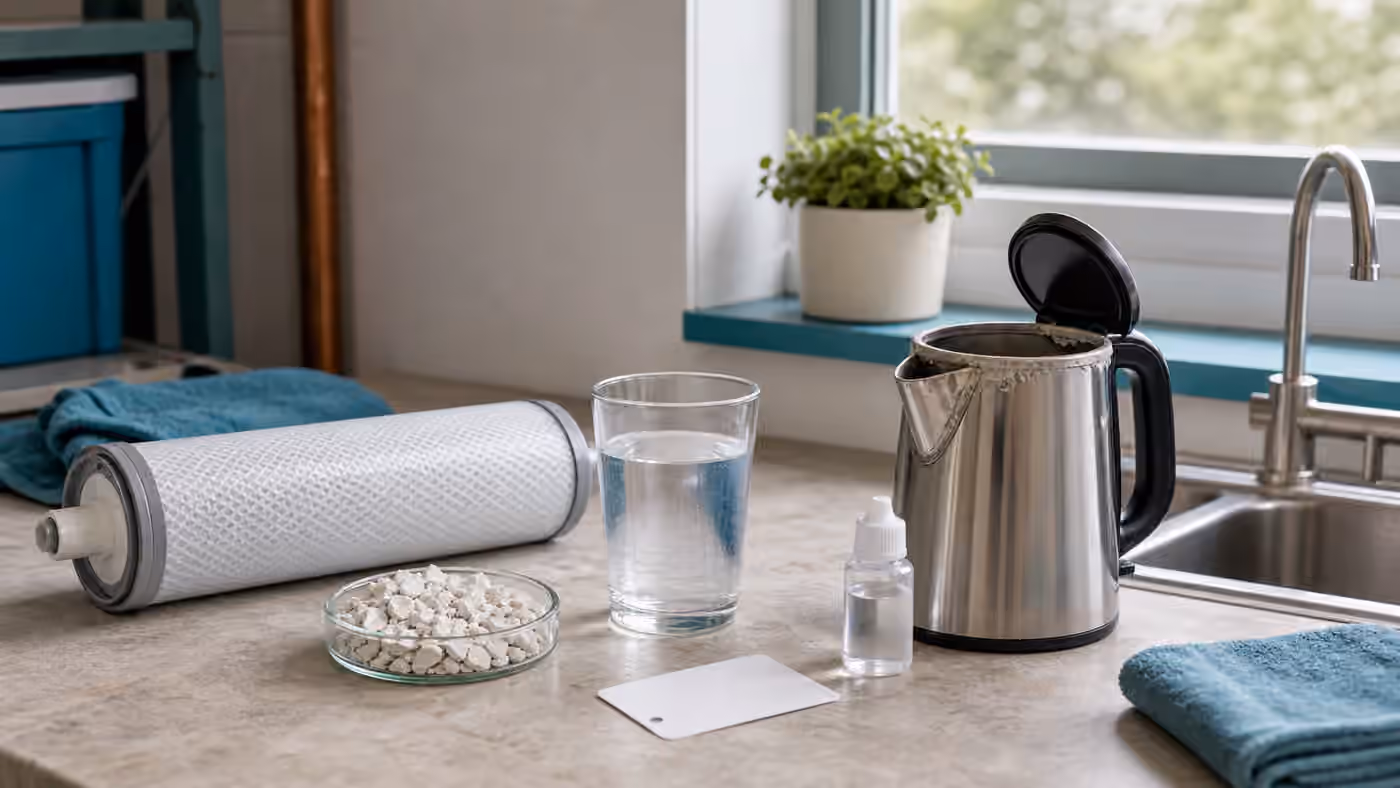 Salt-free conditioner cartridge, mineral chips, scaled kettle, clear water glass, and blank card by a sink.