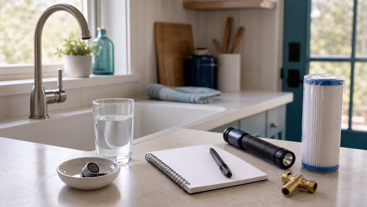 Seasonal home kitchen faucet with glass of water, aerator, notebook, flashlight, valve fitting, and spare cartridge.