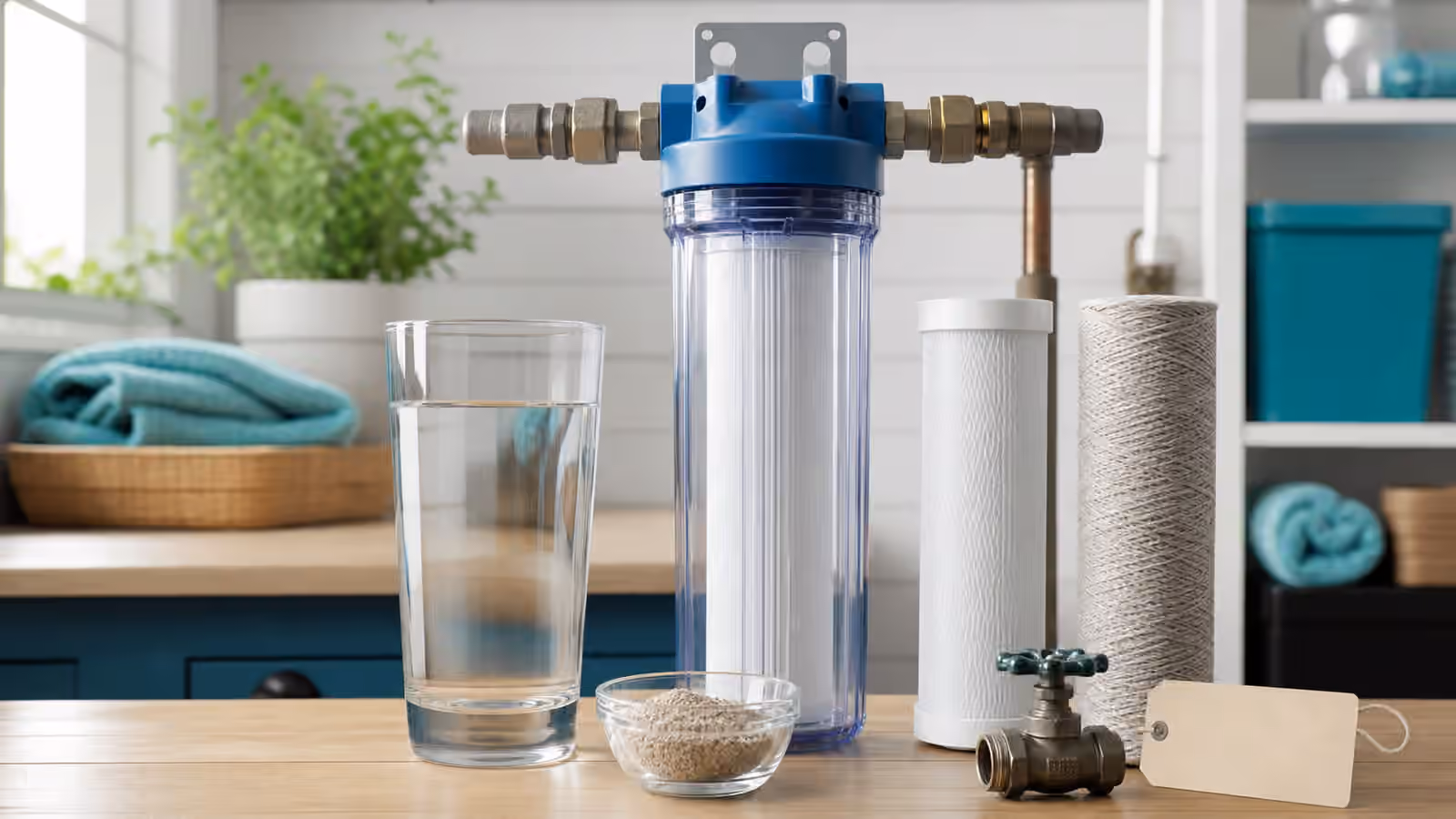 A utility counter with a sediment filter housing, pleated cartridges, clear water glass, shutoff valve, and small bowl of grit.