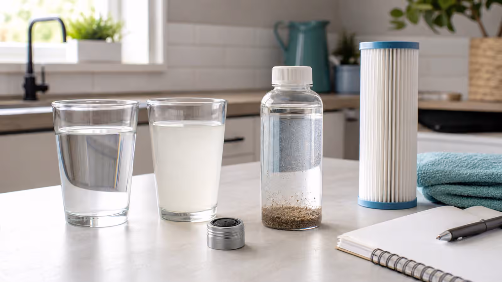 Clear and cloudy water glasses, a sample bottle with settled sediment, a faucet aerator, and a pleated sediment filter in a bright kitchen.
