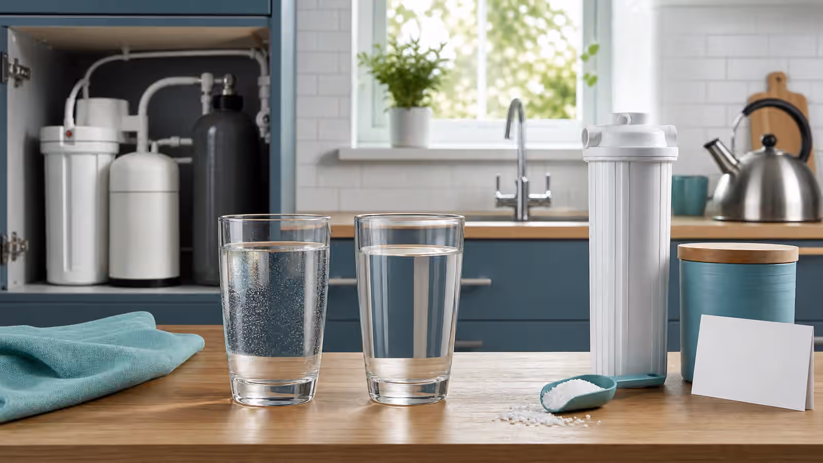 Two glasses of water beside a filter cartridge, kettle, salt scoop, and blank maintenance card.