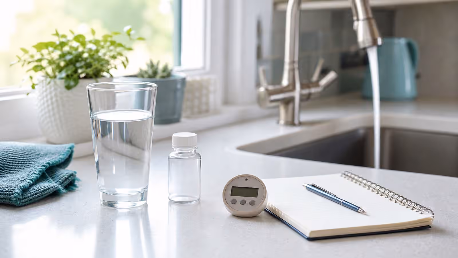 A kitchen sink with a glass of water, sample bottle, timer, and blank notebook for first-draw water notes.