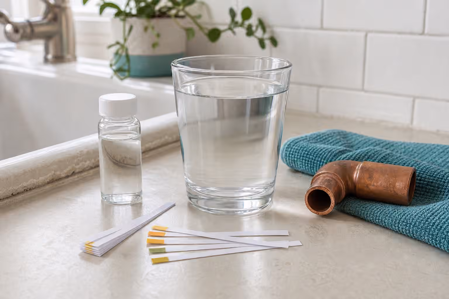 A glass of tap water with pH strips, a sample bottle, and a copper pipe elbow near a utility sink.