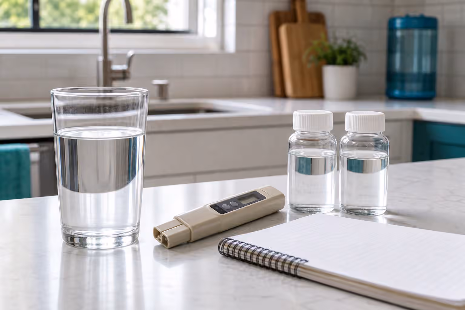 A glass of tap water, sample bottles, a handheld TDS meter, and a blank notebook on a kitchen counter.