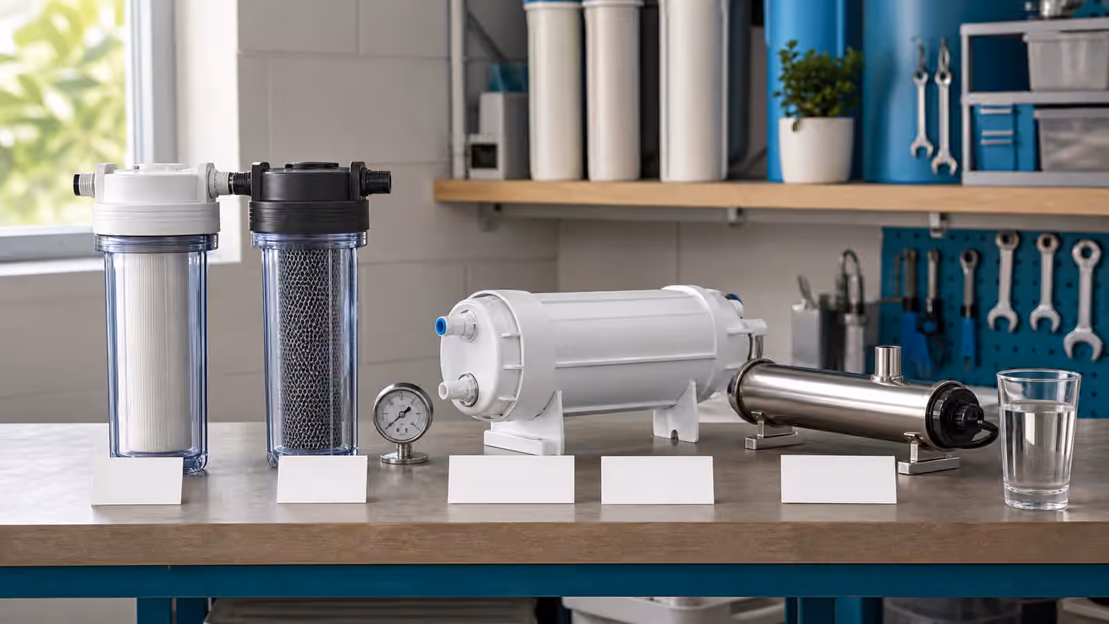 A workbench with sediment, carbon, pressure, reverse osmosis, and UV-style water treatment parts arranged in order.