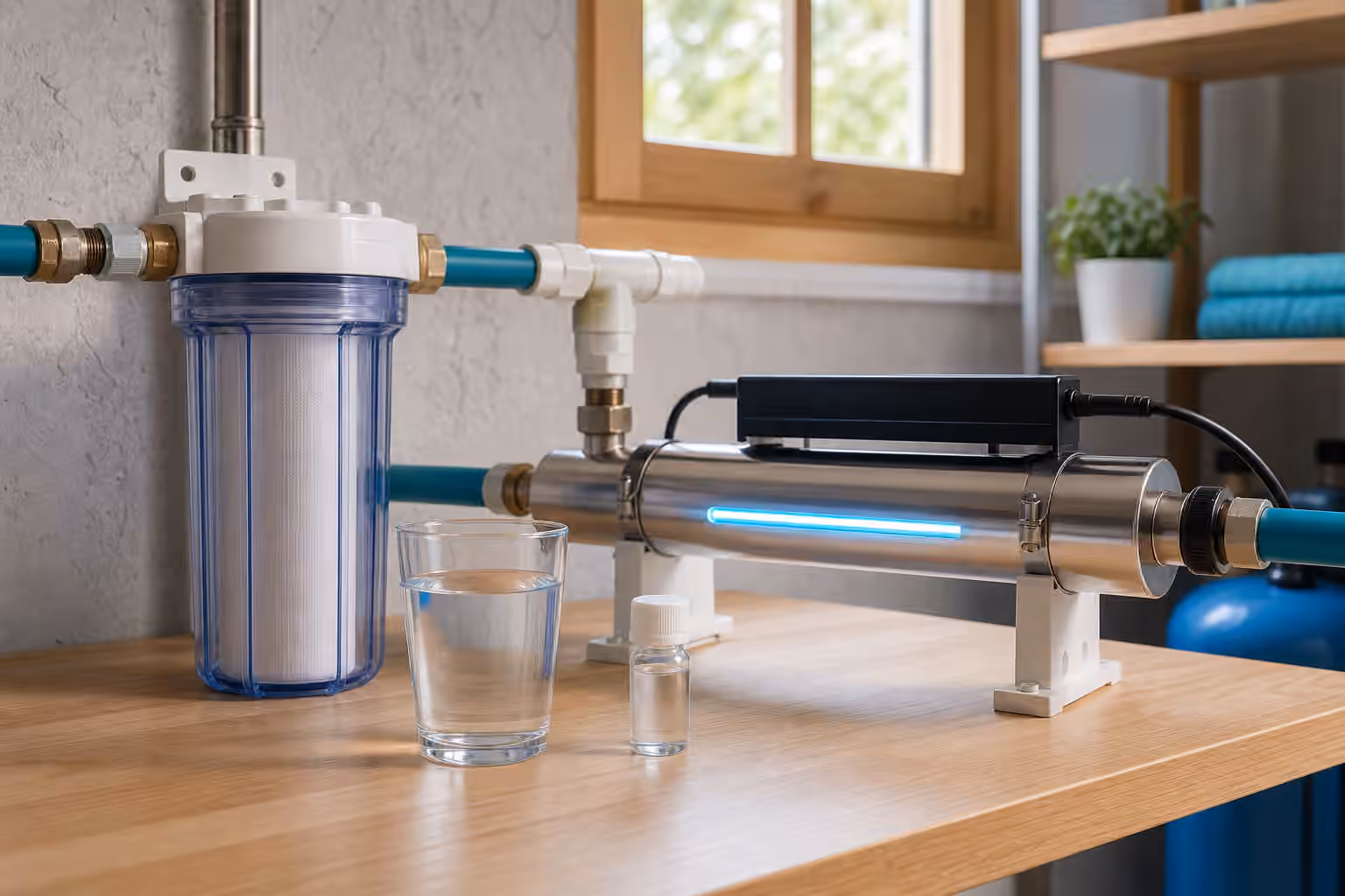 A compact UV water disinfection chamber with a sediment prefilter, clear water glass, and sample bottle in a clean utility space.