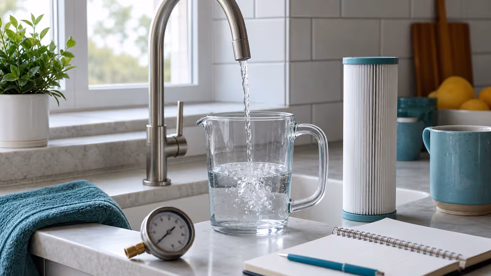 A kitchen sink filling a clear measuring pitcher beside a filter cartridge, small pressure gauge, and blank notebook.