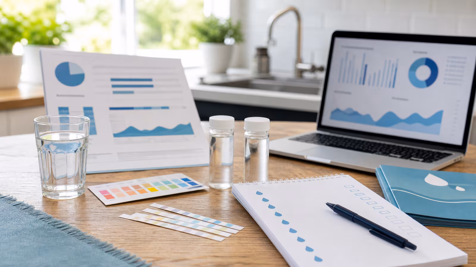A water report with charts, a laptop dashboard, test strips, sample bottles, and a glass of tap water on a kitchen table.
