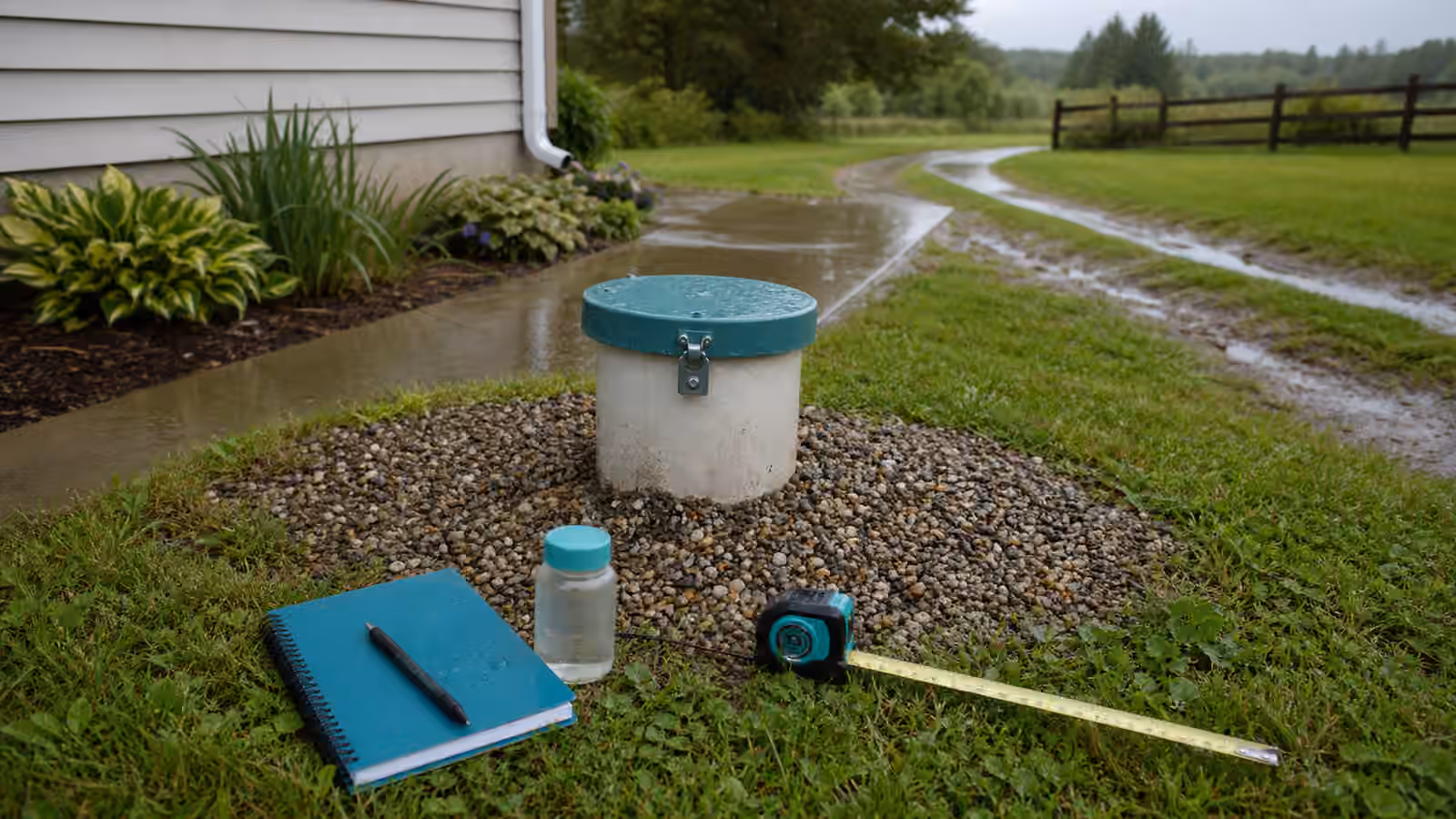 A sealed private well cap on raised gravel with wet grass, a notebook, a sample bottle, and a measuring tape nearby.