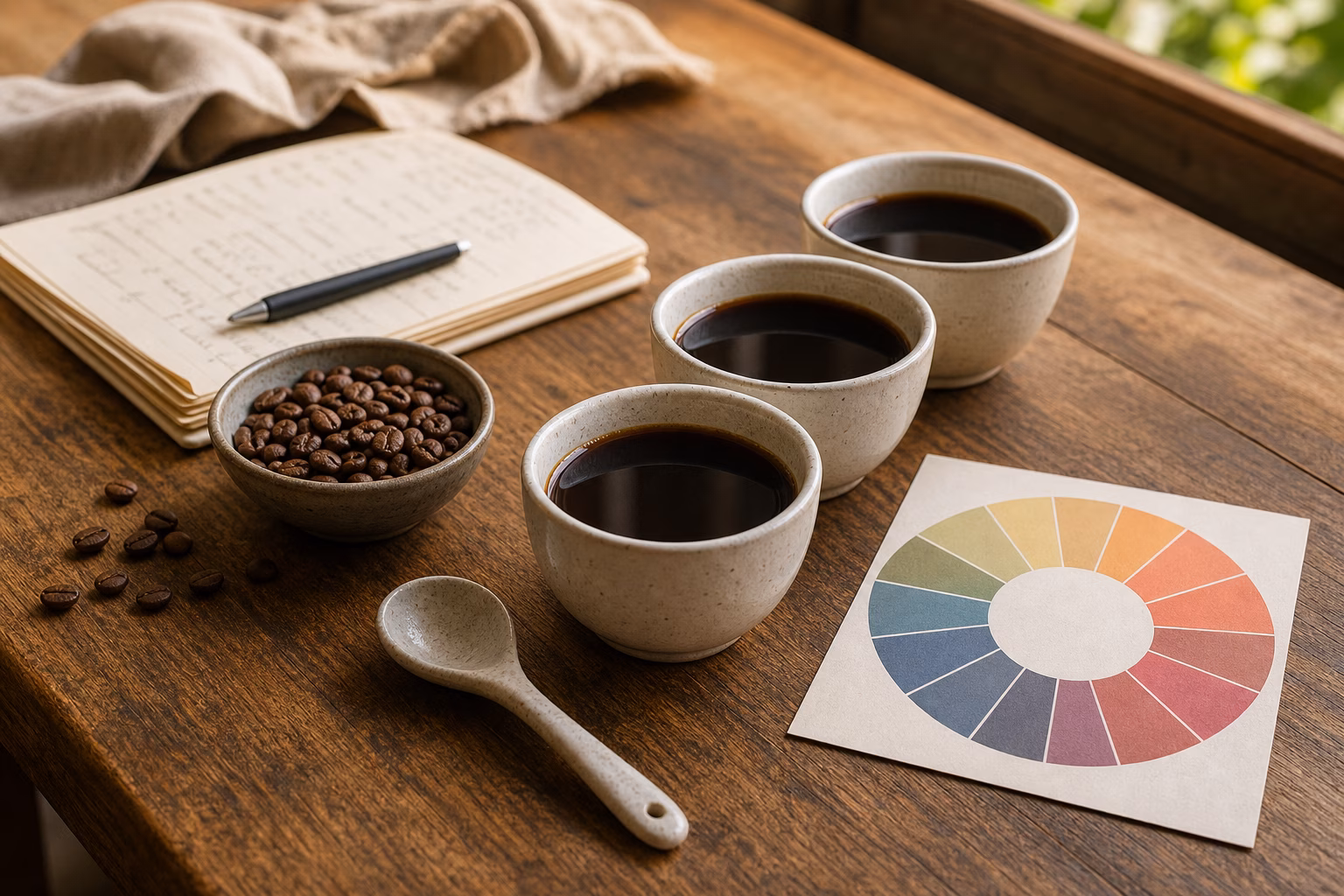 Coffee tasting cups, beans, spoon, and a blank color wheel