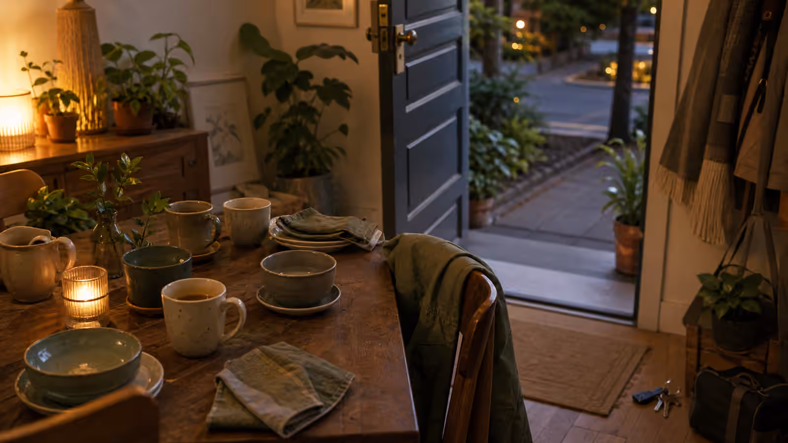 a table after tea with cups, folded napkins, a jacket on a chair, keys near the door, and a softly lit entry