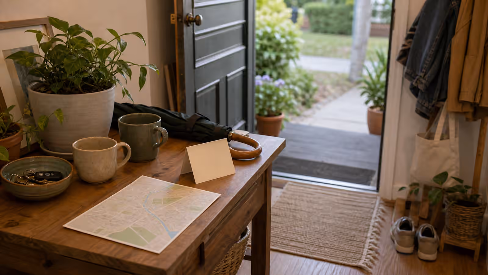an entryway table with mugs, keys, an umbrella, shoes, a blank card, and an unmarked map-like paper