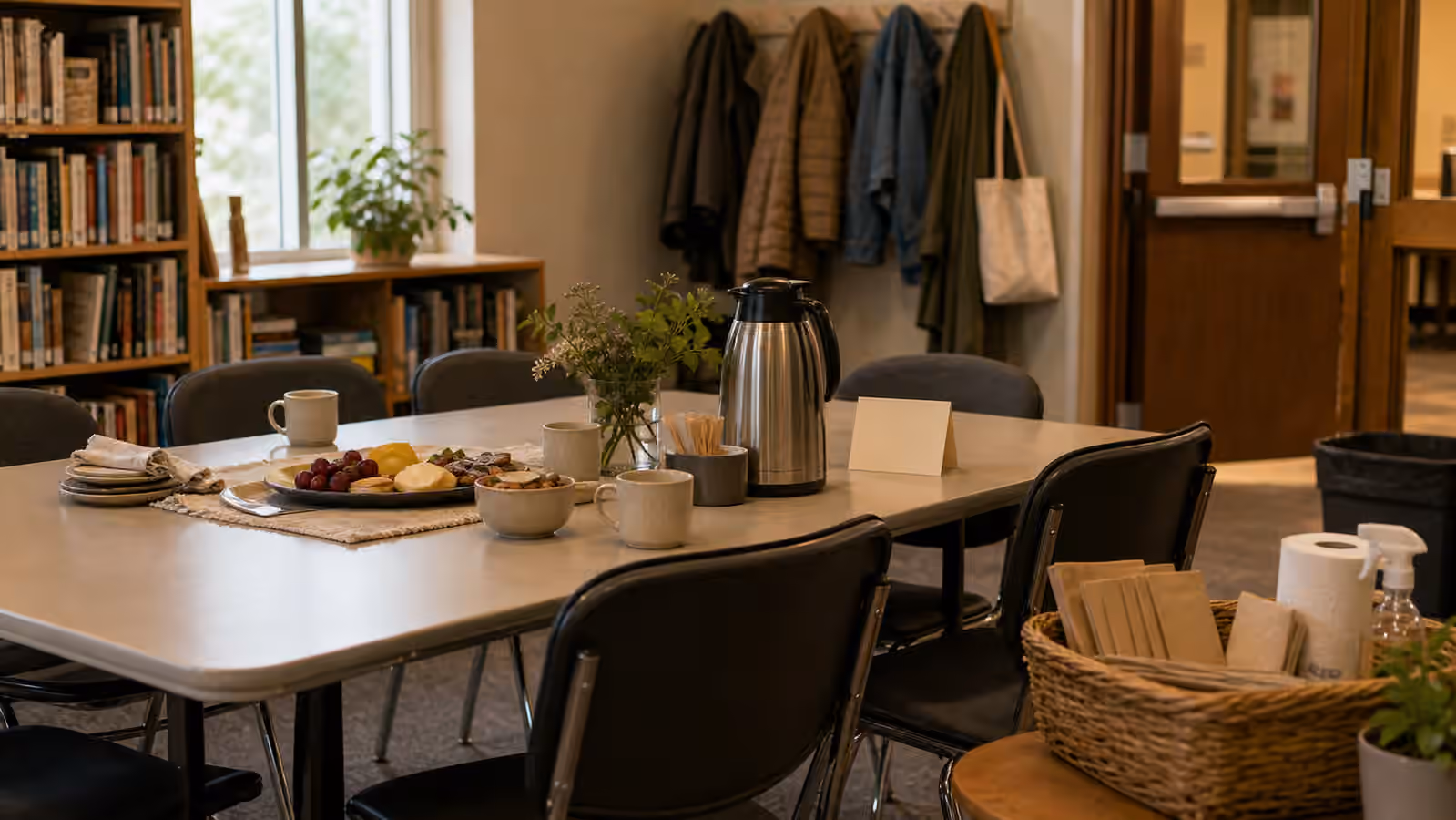 a tidy library meeting room table with stackable chairs, thermos, cups, snack tray, blank card, coats, and reset supplies