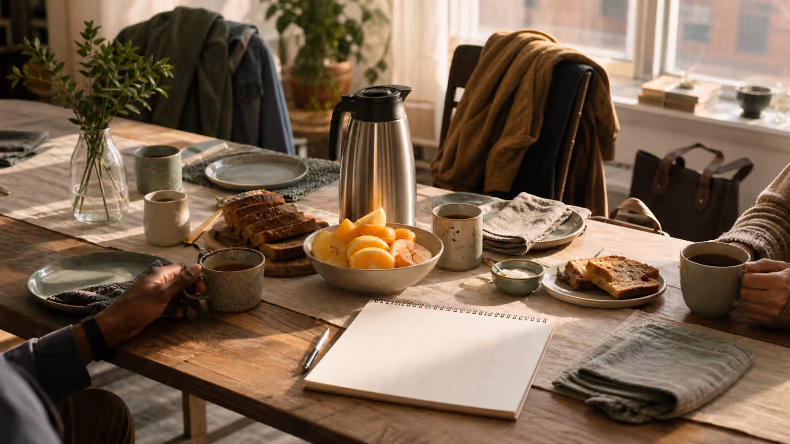 an early morning table with tea, coffee, toast, fruit, folded napkins, blank calendar paper, and work bags nearby