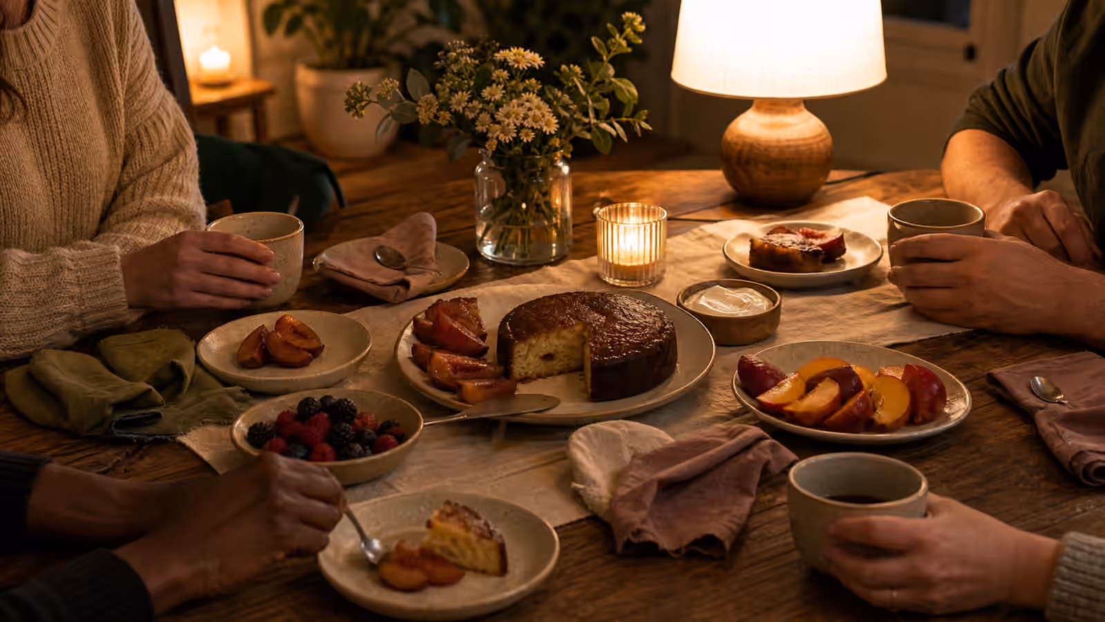 a modest lamp-lit dessert table with sliced cake, fruit, tea cups, small plates, and adult hands at the table
