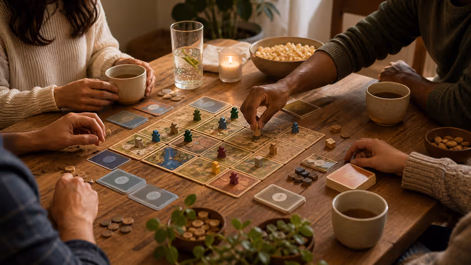 adult hands around a simple cooperative tabletop game with plain tokens, mugs, snacks, and cards without readable text