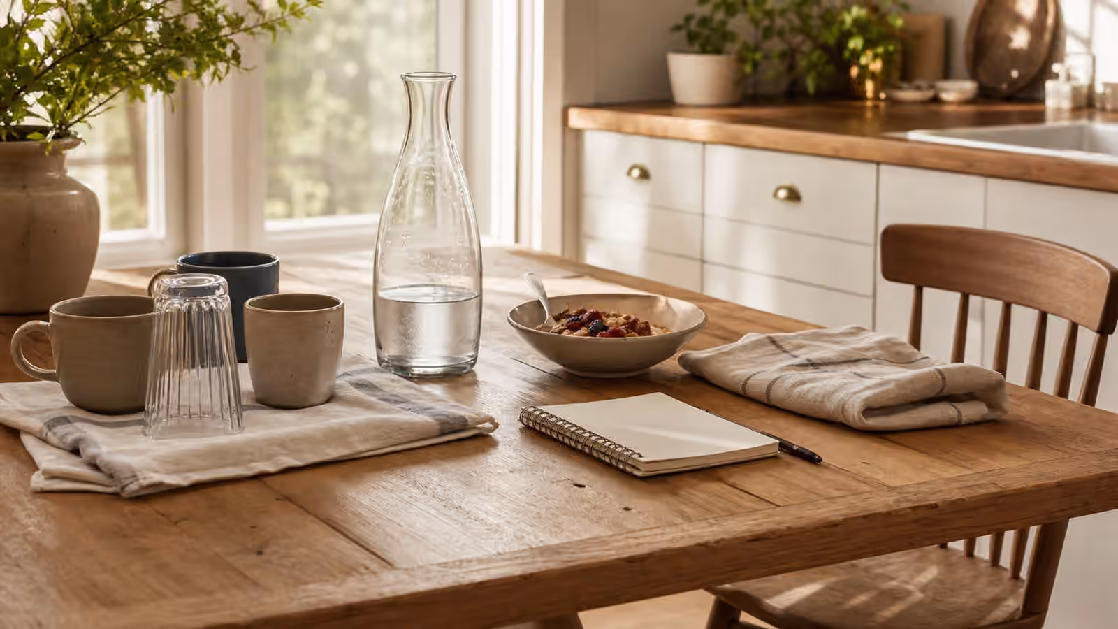 a quiet morning-after kitchen table with washed cups, folded cloth, water carafe, breakfast bowl, and blank notebook