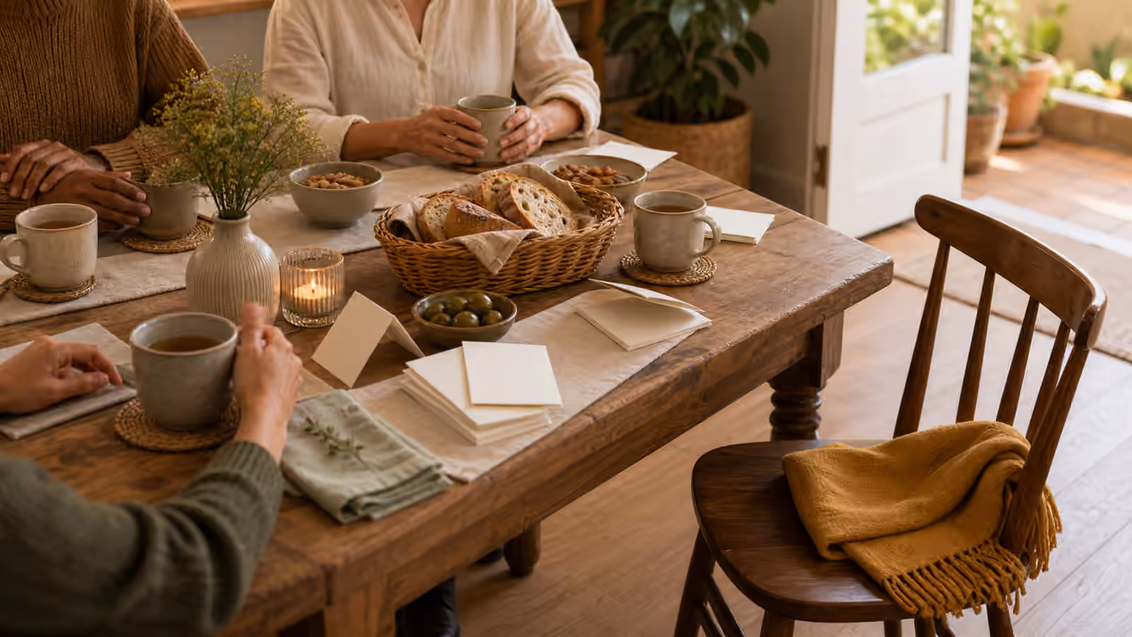 a warm table with tea, bread, blank cards, an open doorway, and one extra chair with a folded yellow scarf
