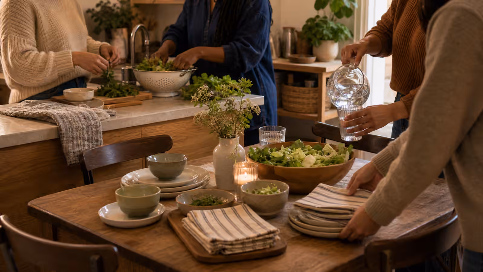 adults sharing simple kitchen and table prep with herbs, salad, water, bowls, plates, and napkins in warm light