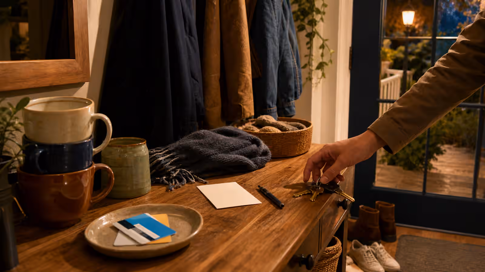 an entryway table with stacked cups, coats on hooks, shoes, a porch light, blank transit cards, and keys