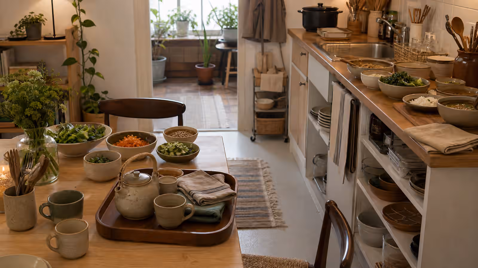 a compact kitchen with staged bowls, mugs, a kettle, folded towels, a tray, and clear walking space
