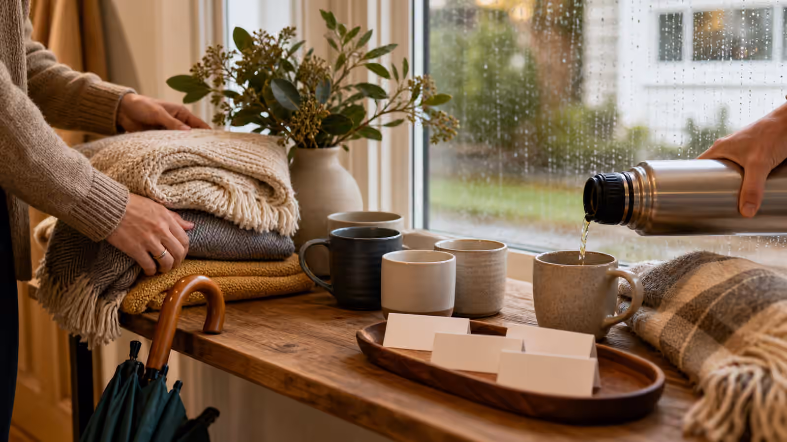 blank place cards, mugs, folded blankets, an umbrella, and a thermos beside a rainy window
