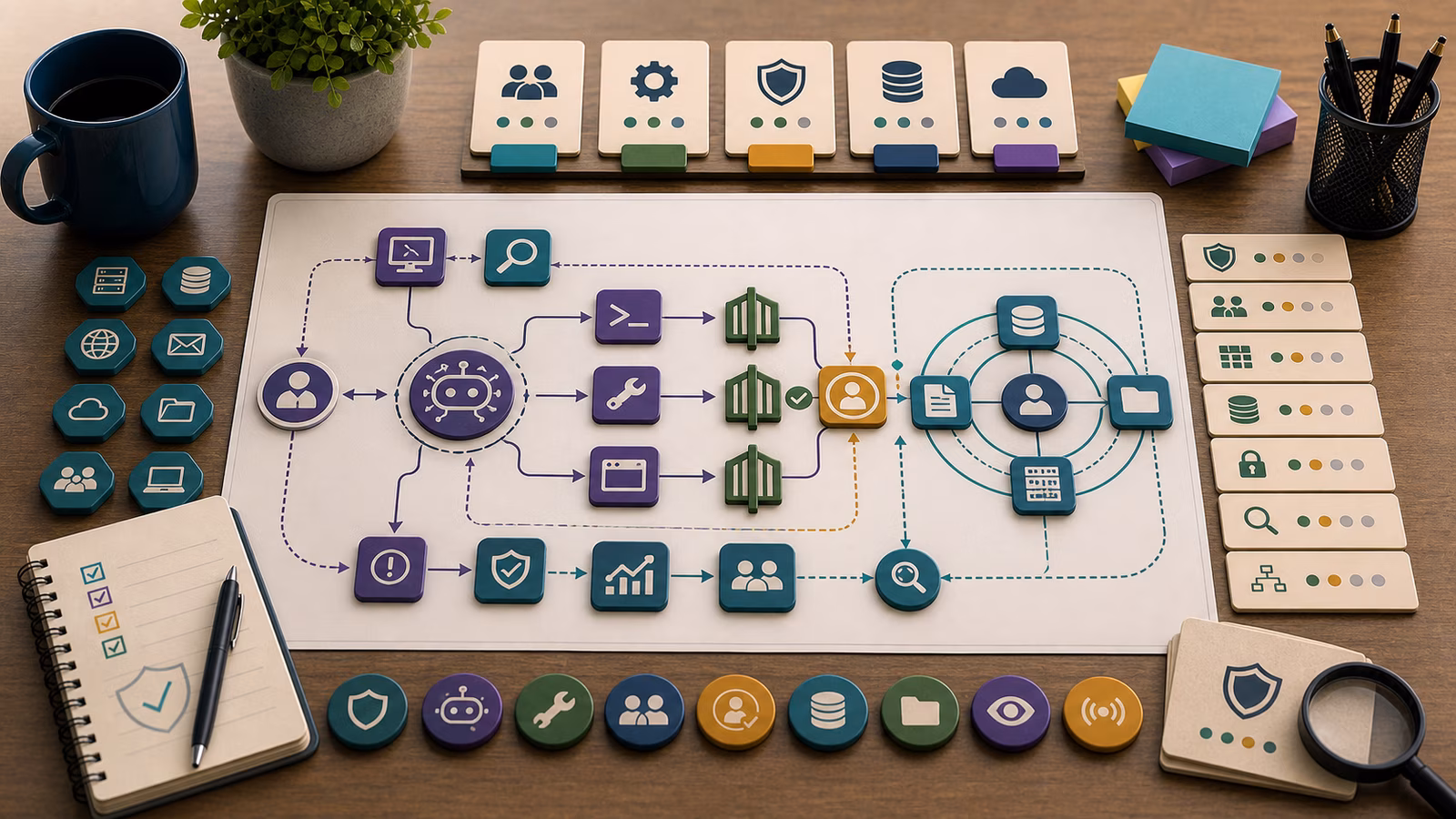 Calm cybersecurity illustration for Agentic Attack Paths, showing abstract ai-era cyber defense evidence cards, connected systems, and defensive control checkpoints.