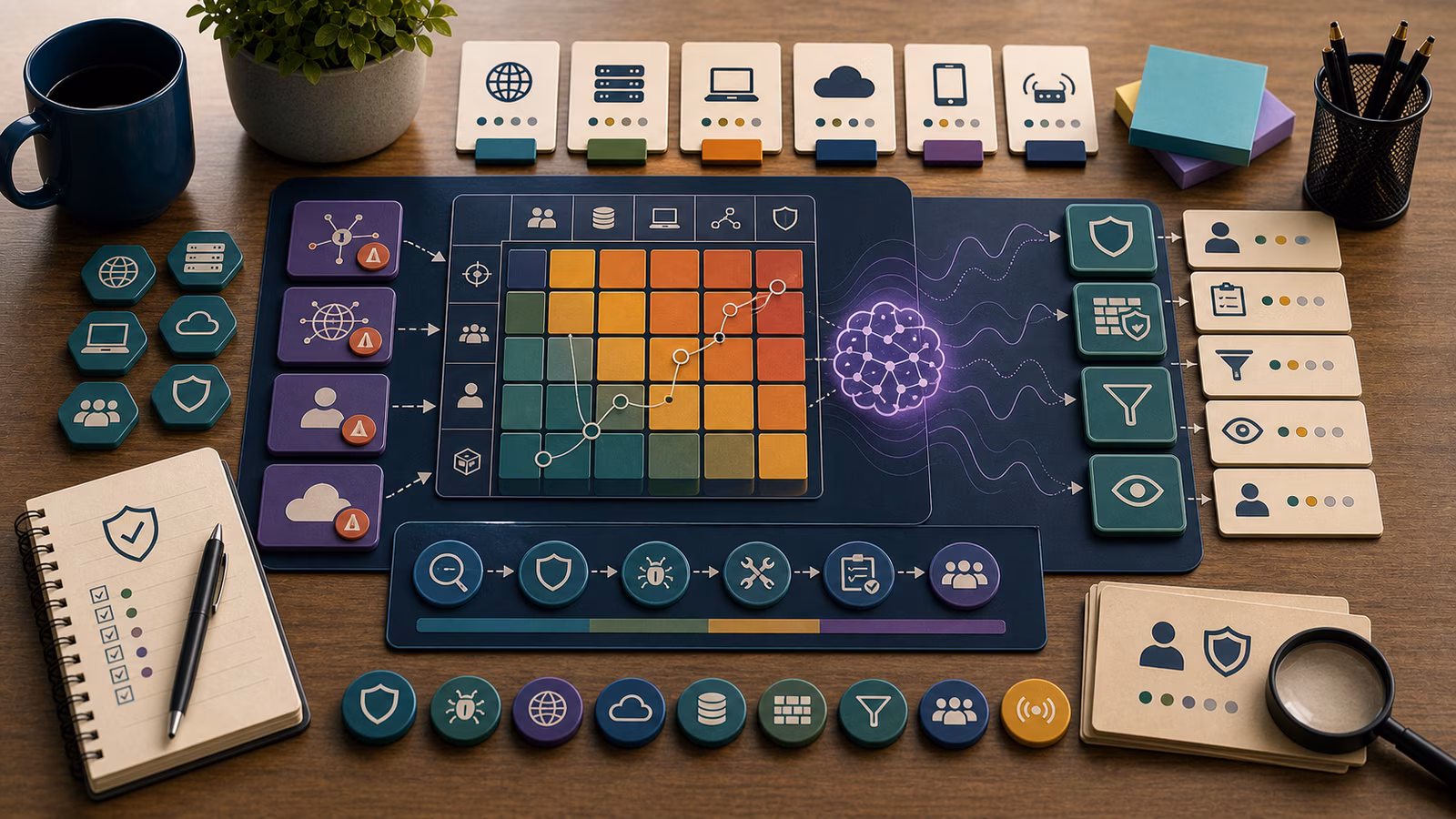 Calm cybersecurity illustration for AI-Assisted Vulnerability Pressure, showing abstract ai-era cyber defense evidence cards, connected systems, and defensive control checkpoints.