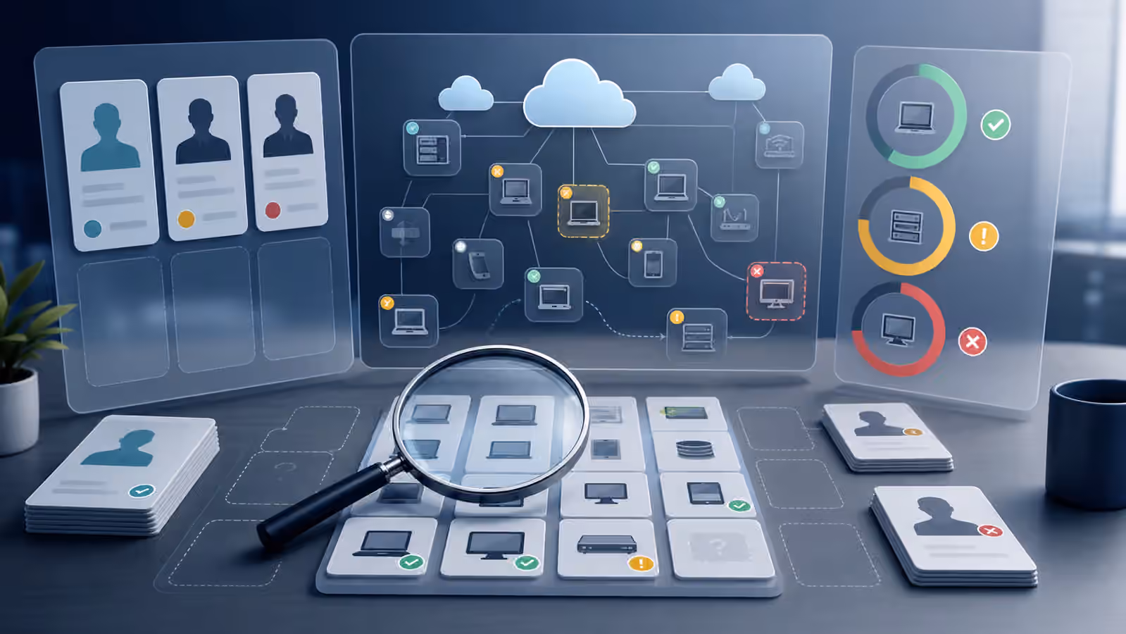 Calm cybersecurity illustration with device tiles, cloud nodes, owner cards, and a magnifying glass over an asset inventory board.