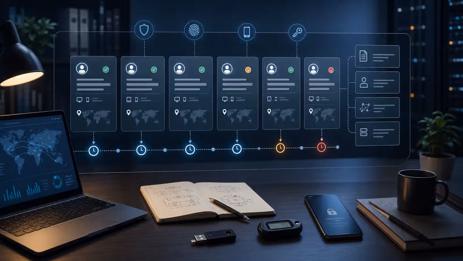 Calm cybersecurity illustration for authentication log review with login event cards, identity signals, devices, clocks, and evidence links.
