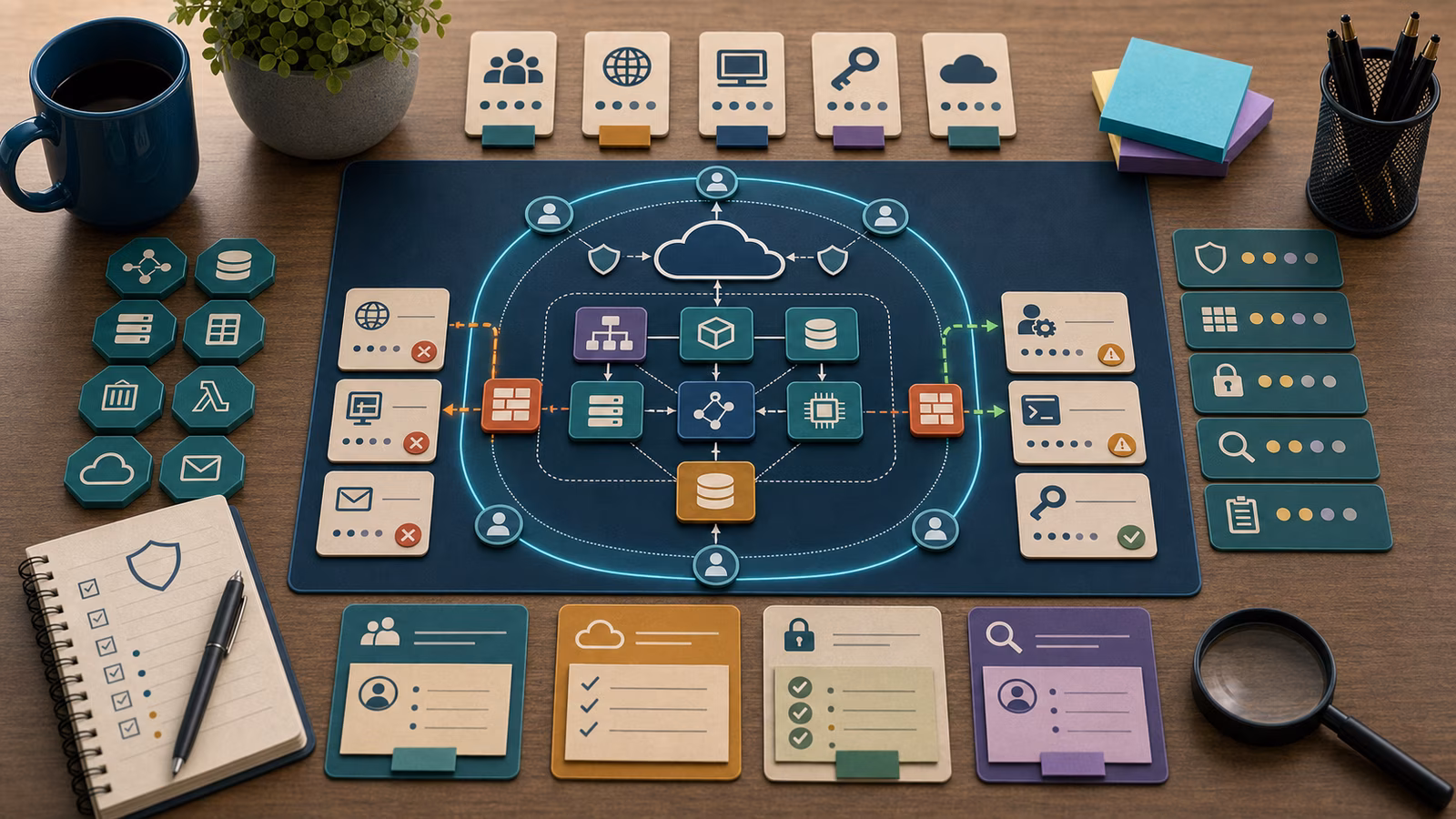 Calm cybersecurity illustration for Cloud Public Exposure Mapping, showing abstract cloud, identity, and exposure evidence cards, connected systems, and defensive control checkpoints.