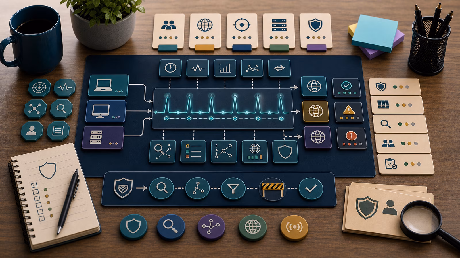 Calm cybersecurity illustration for Command-and-Control Concepts, showing abstract attack paths and breach stories evidence cards, connected systems, and defensive control checkpoints.