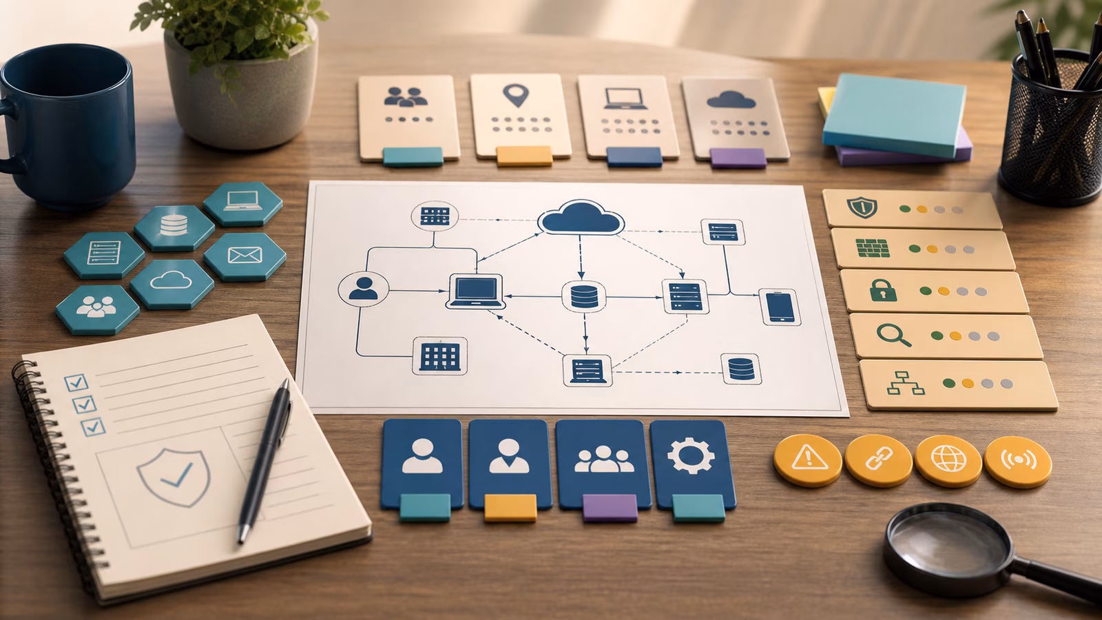 Calm cybersecurity illustration for Cyber Defense Quickstart: Think Like a Defender, showing abstract start here: defender thinking evidence cards, connected systems, and defensive control checkpoints.