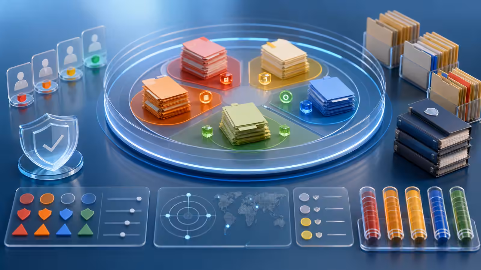 Calm cybersecurity illustration of unlabeled data stacks, access boundaries, owner cards, and evidence folders arranged for a defensive review.
