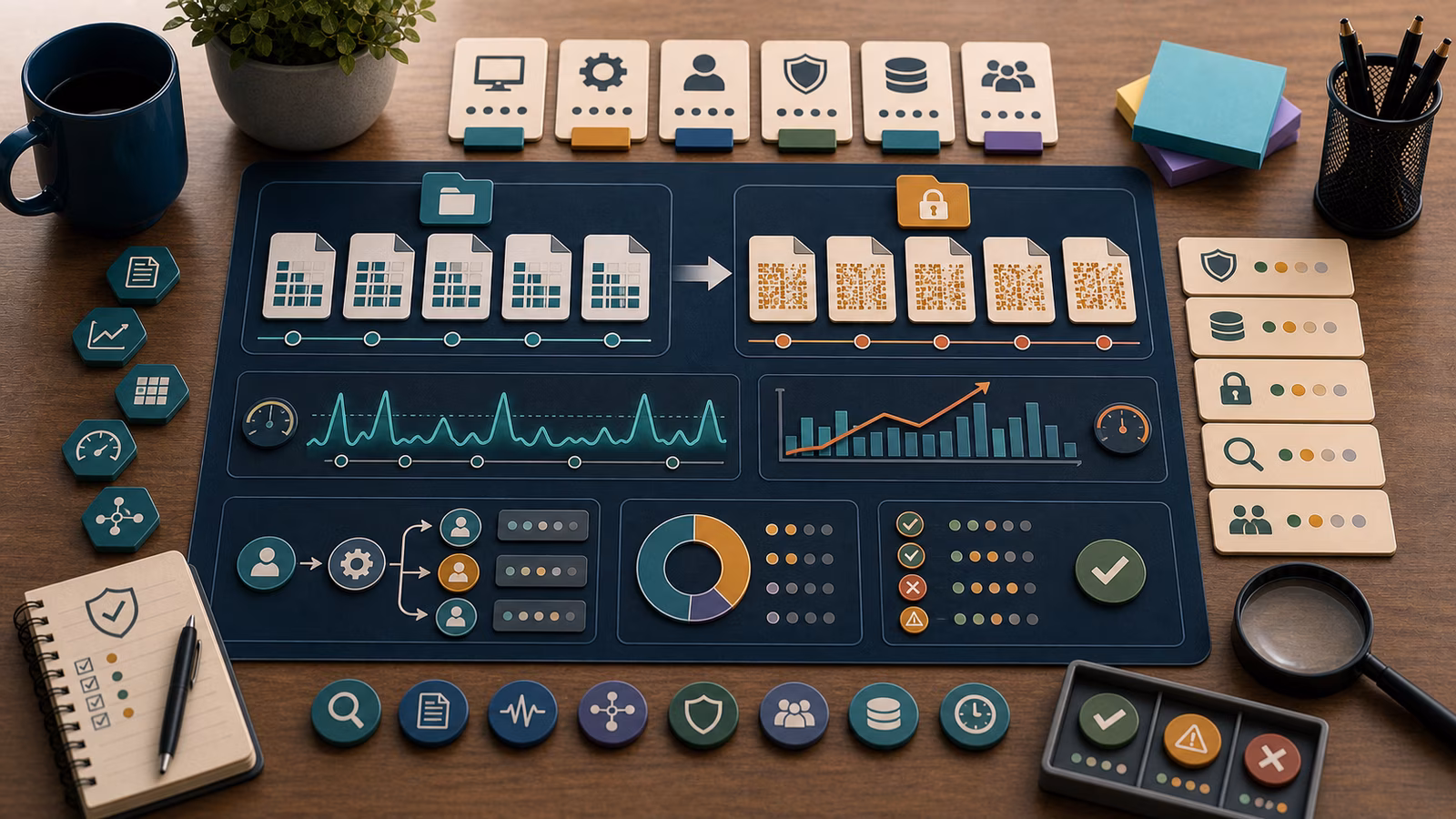 Calm cybersecurity illustration for Detecting Encryption Behavior, showing abstract ransomware and recovery evidence cards, connected systems, and defensive control checkpoints.