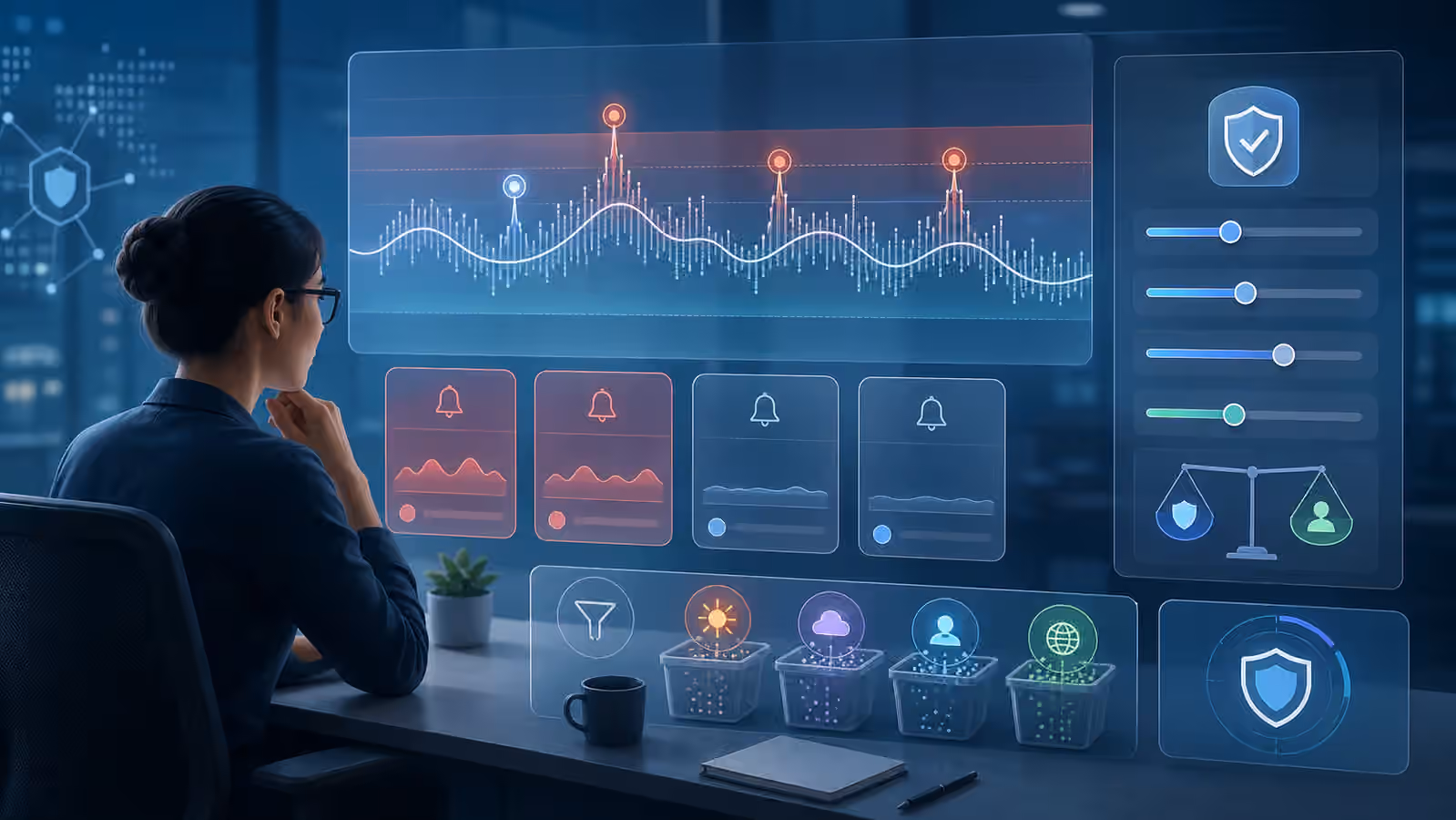 Calm cybersecurity illustration with signal waves, baseline bands, quiet alert cards, and tuning controls on an analyst desk.