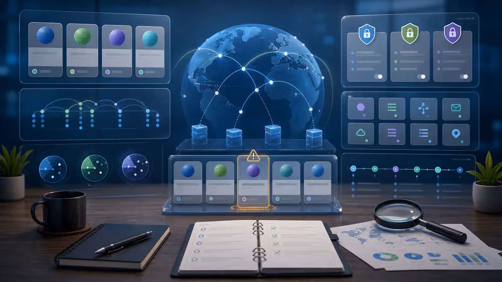 Calm cybersecurity illustration of abstract globe nodes, DNS record tiles, registrar lock symbols, and evidence cards on a review desk.
