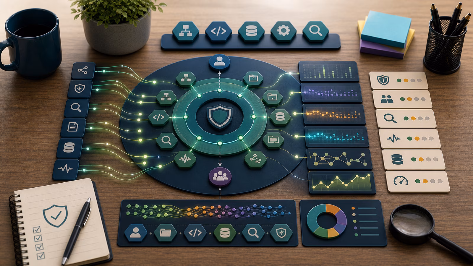 Calm cybersecurity illustration for eBPF for Defenders, showing abstract endpoint telemetry evidence cards, connected systems, and defensive control checkpoints.