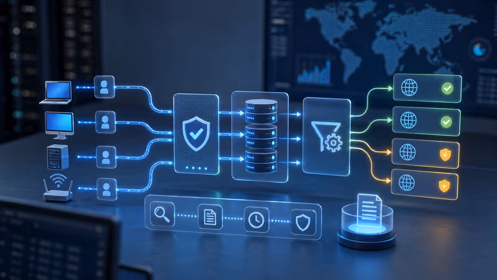 Calm cybersecurity illustration for egress filtering and DNS logging with outbound lanes, resolver nodes, policy gates, and evidence timestamps.