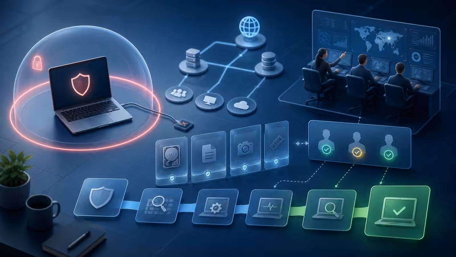 Calm cybersecurity illustration of an isolated laptop tile, network boundary ring, evidence cards, approval markers, and rejoin checkpoints.
