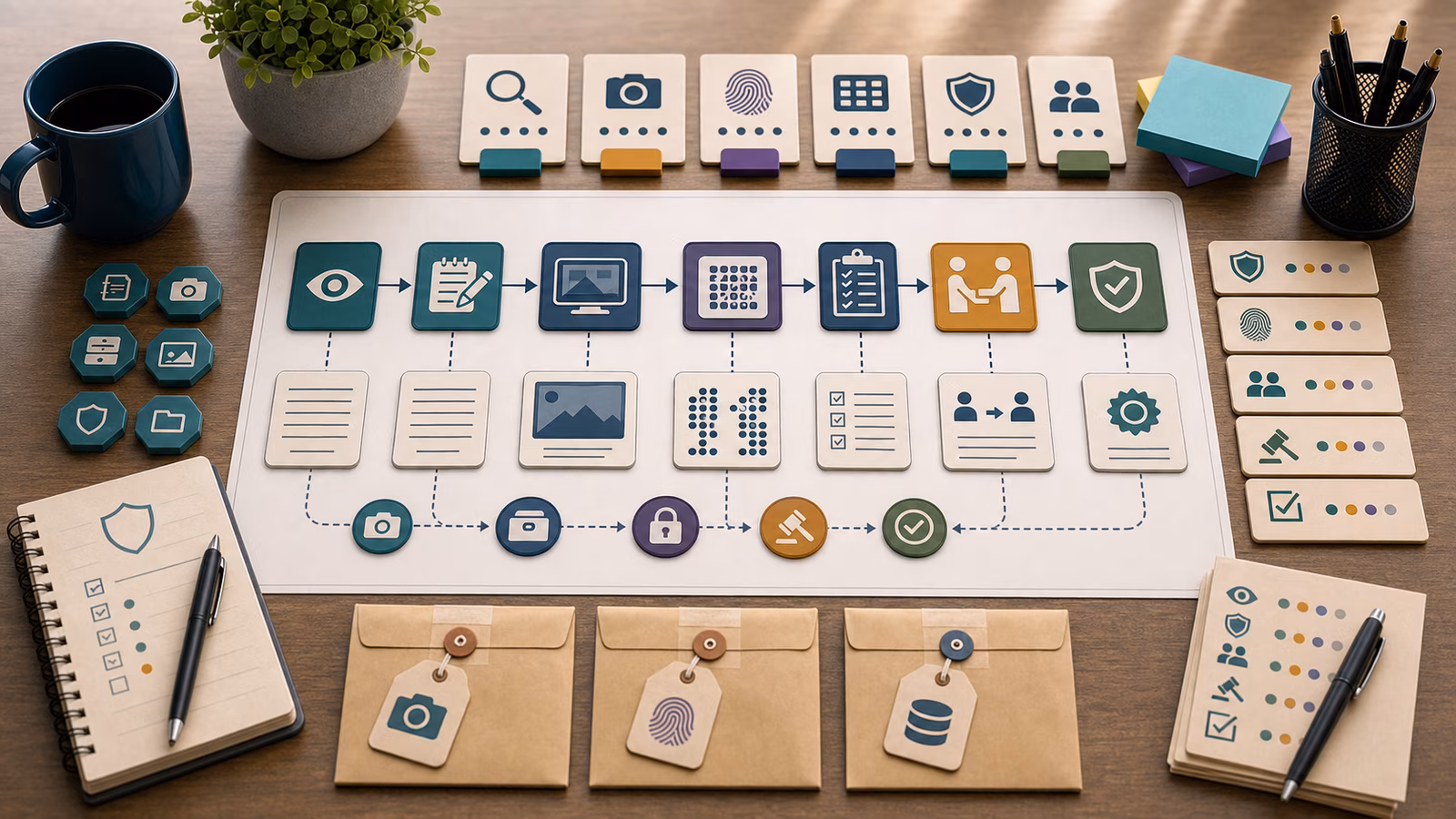 Calm cybersecurity illustration for Evidence Notes and Chain of Custody, showing abstract triage and incident response evidence cards, connected systems, and defensive control checkpoints.