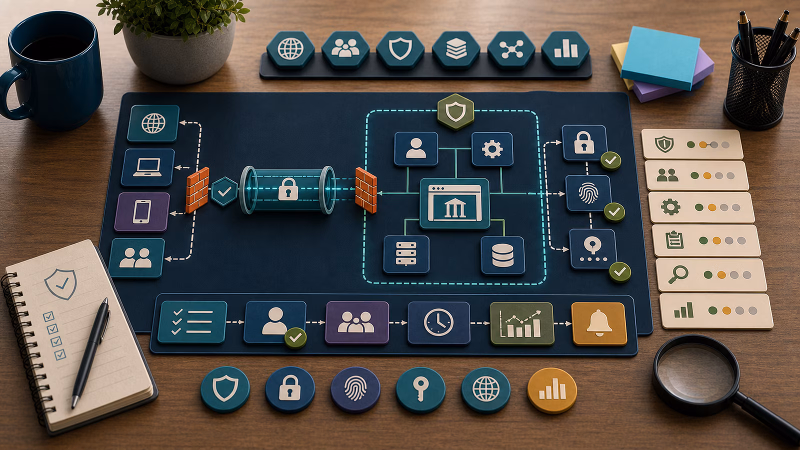 Calm cybersecurity illustration for External Remote Services, showing abstract attack paths and breach stories evidence cards, connected systems, and defensive control checkpoints.
