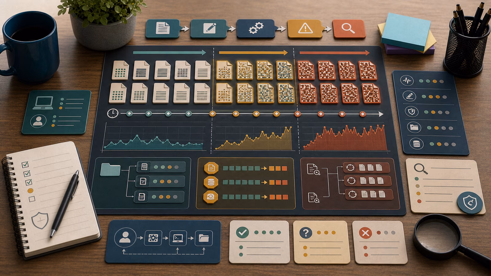 Calm cybersecurity illustration for File Entropy and Mass-Encryption Clues, showing abstract endpoint telemetry evidence cards, connected systems, and defensive control checkpoints.