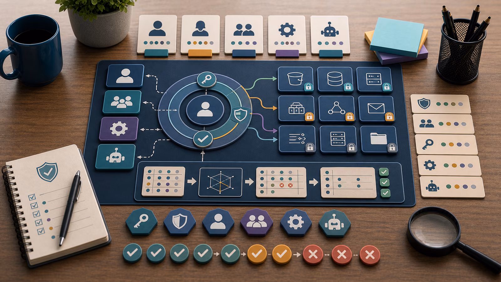 Calm cybersecurity illustration for IAM Roles and Least Privilege, showing abstract cloud, identity, and exposure evidence cards, connected systems, and defensive control checkpoints.