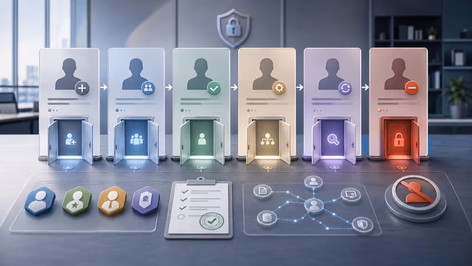 Calm cybersecurity illustration for identity lifecycle review with role cards, access doors, approval markers, and disabled-account evidence.