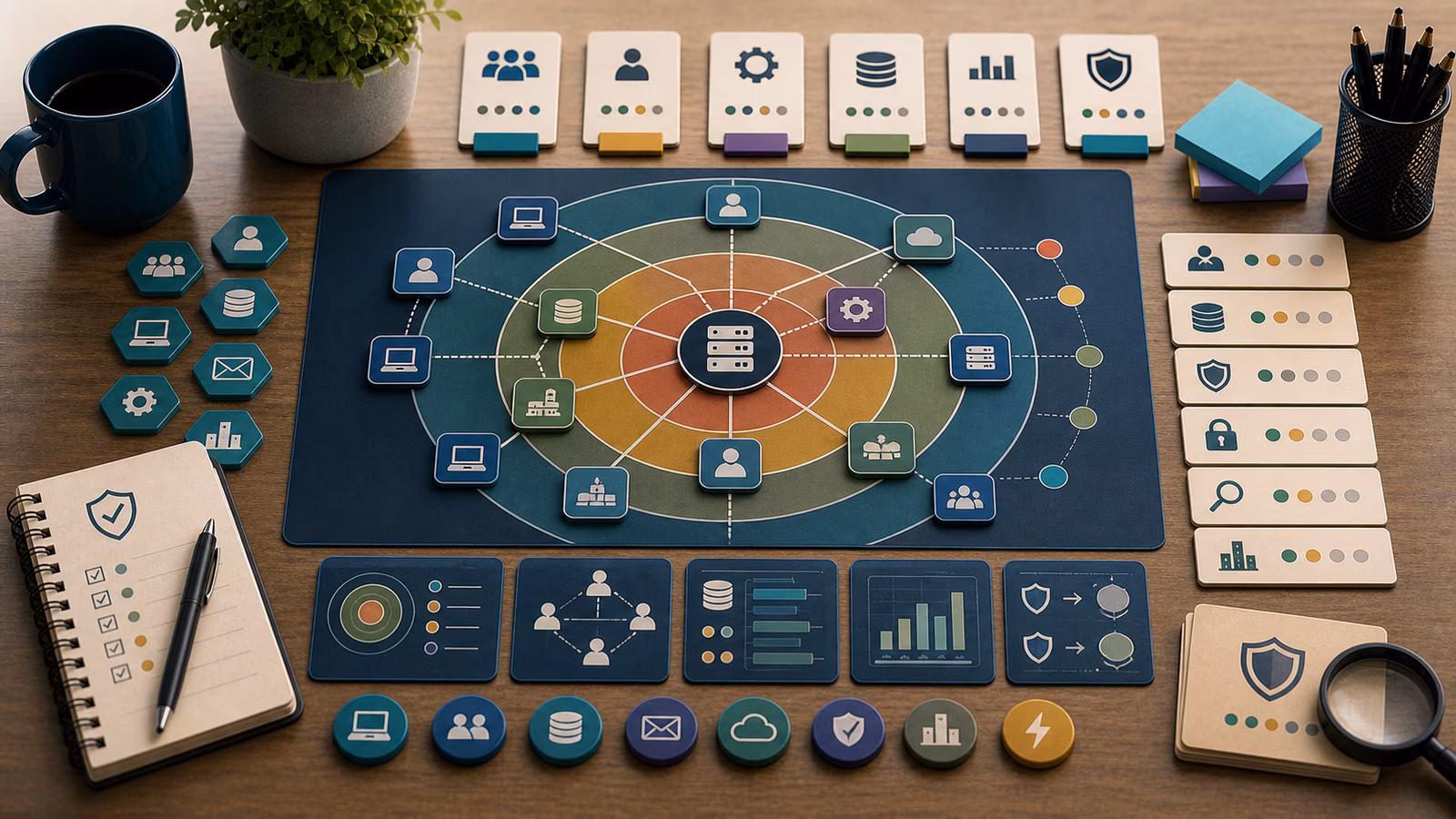 Calm cybersecurity illustration for Impact and Blast Radius, showing abstract attack paths and breach stories evidence cards, connected systems, and defensive control checkpoints.