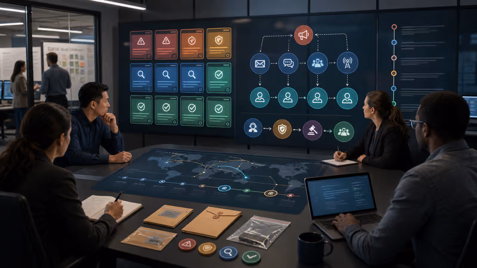 Calm cybersecurity illustration for incident communications with status cards, role handoff icons, evidence envelopes, and separate coordination paths.